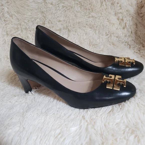Tory Burch Black Heels with Gold Logo - Picture 2 of 10